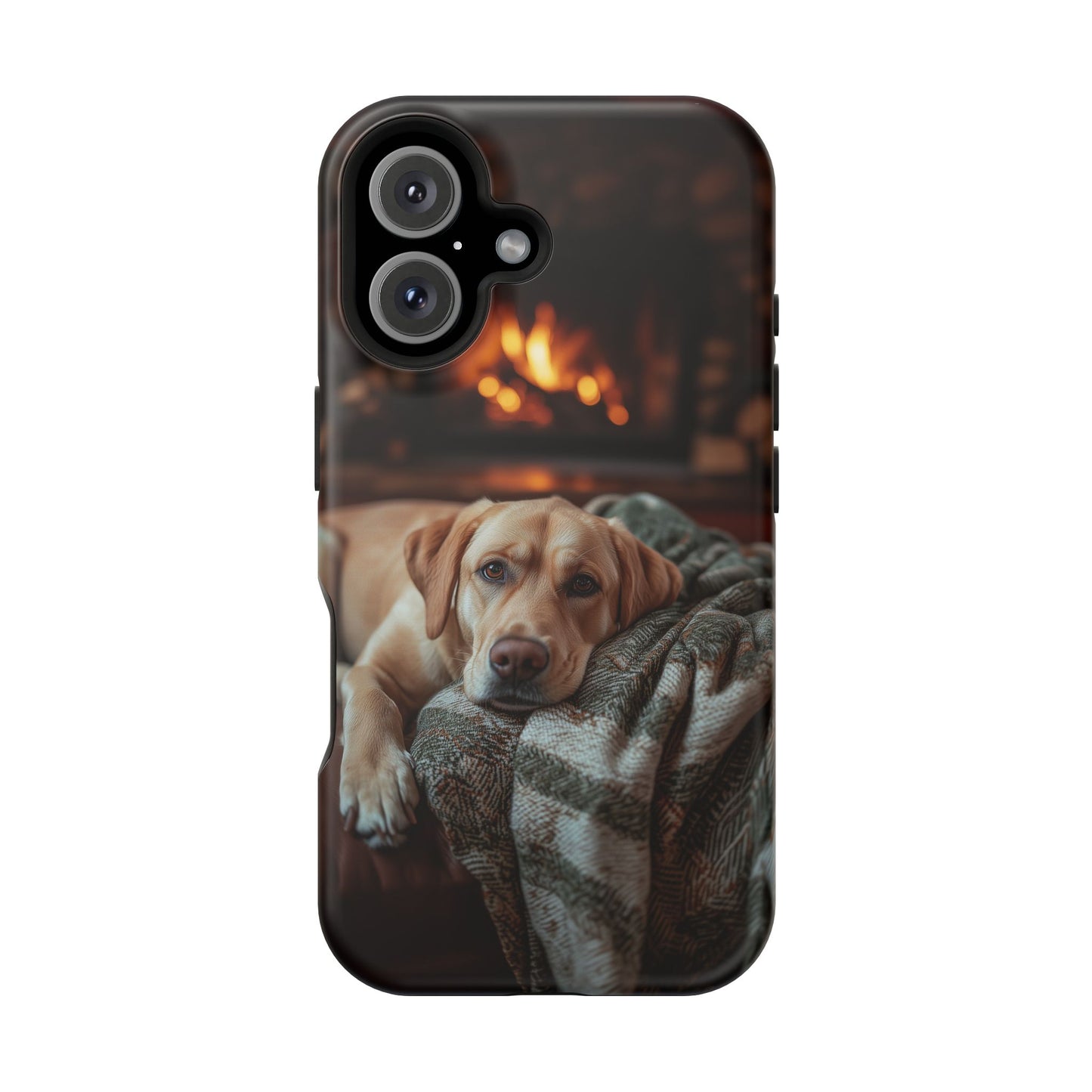 Cozy Labrador by Fireplace MagSafe iPhone Case – Rustic Cabin Protective Cover