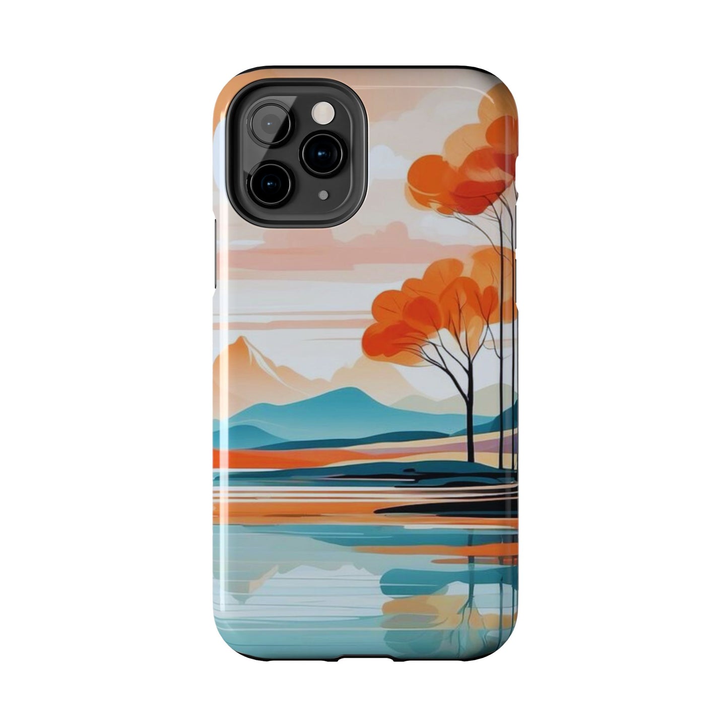 Serene Sunset Lake iPhone Case – Minimalist Landscape Art, Dual-Layer Protection