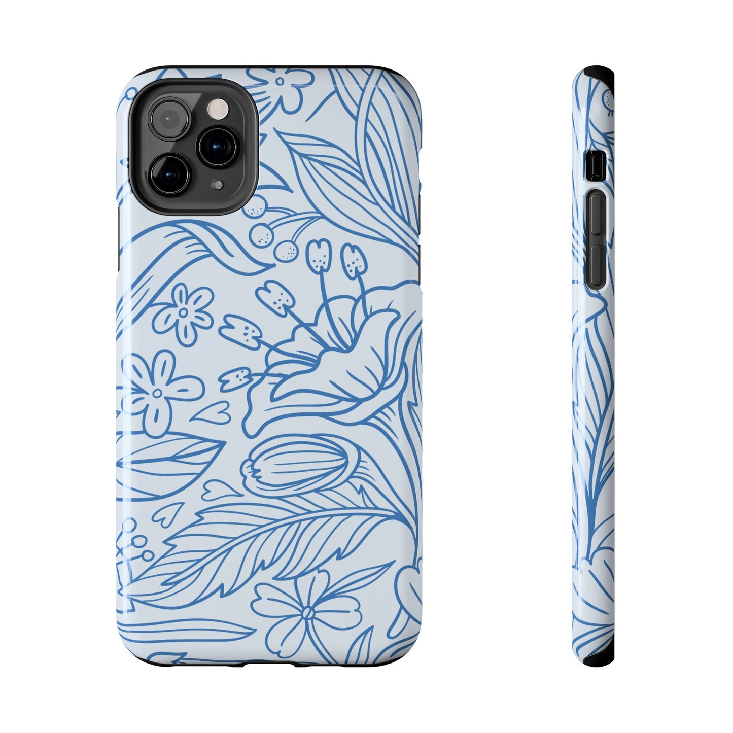 Dusty Blue Floral Line Art Tough iPhone Case – Minimalist Botanical Design with Dual-Layer Protection