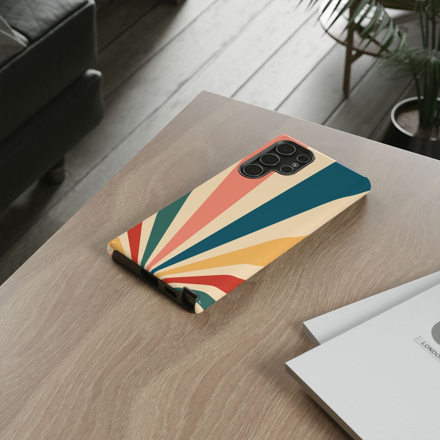 Retro Sunbeam Samsung Galaxy Case – 70s-Inspired Radiating Stripes in Coral, Teal, and Mustard
