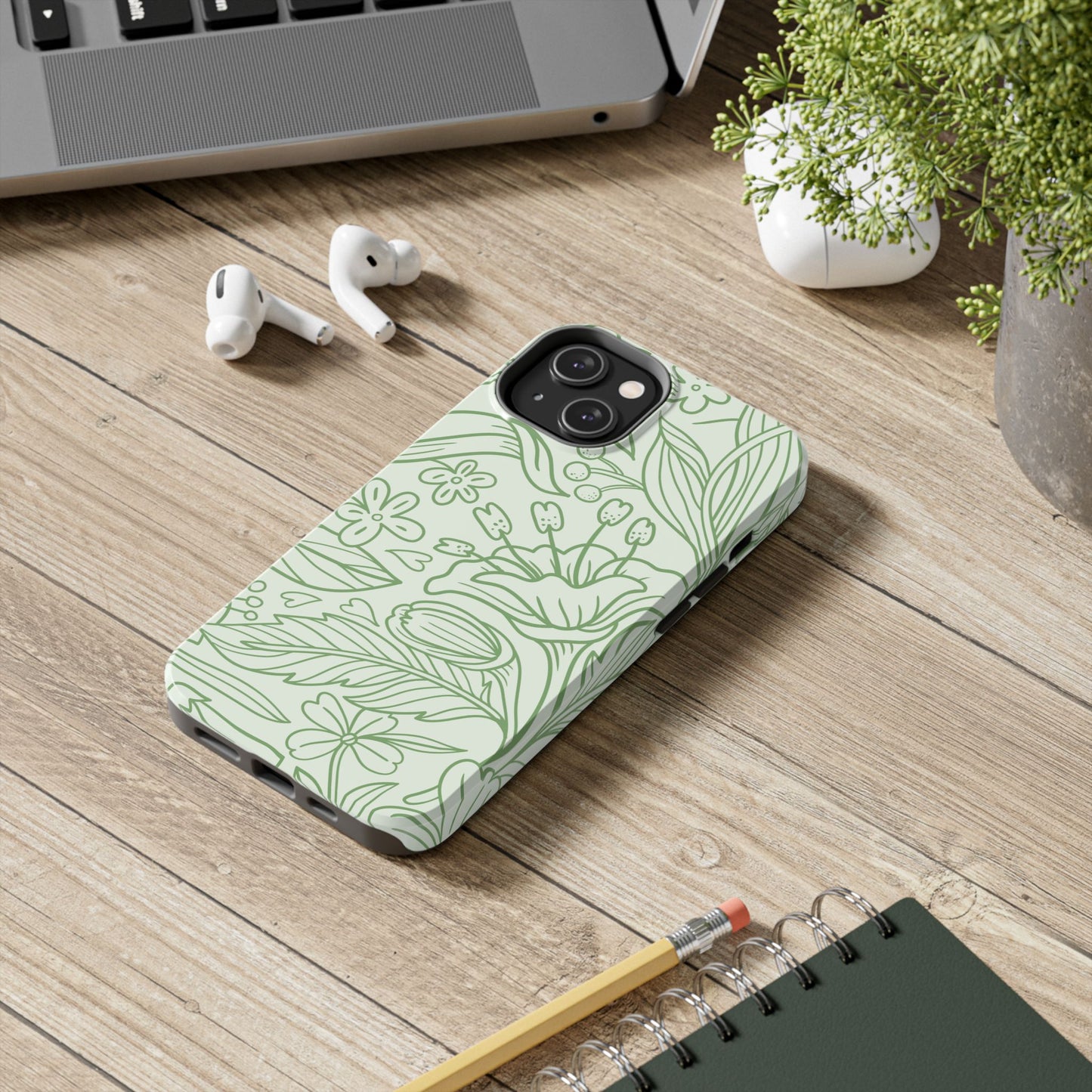 Sage Green Floral Line Art Tough iPhone Case – Minimalist Botanical Design with Dual-Layer Protection