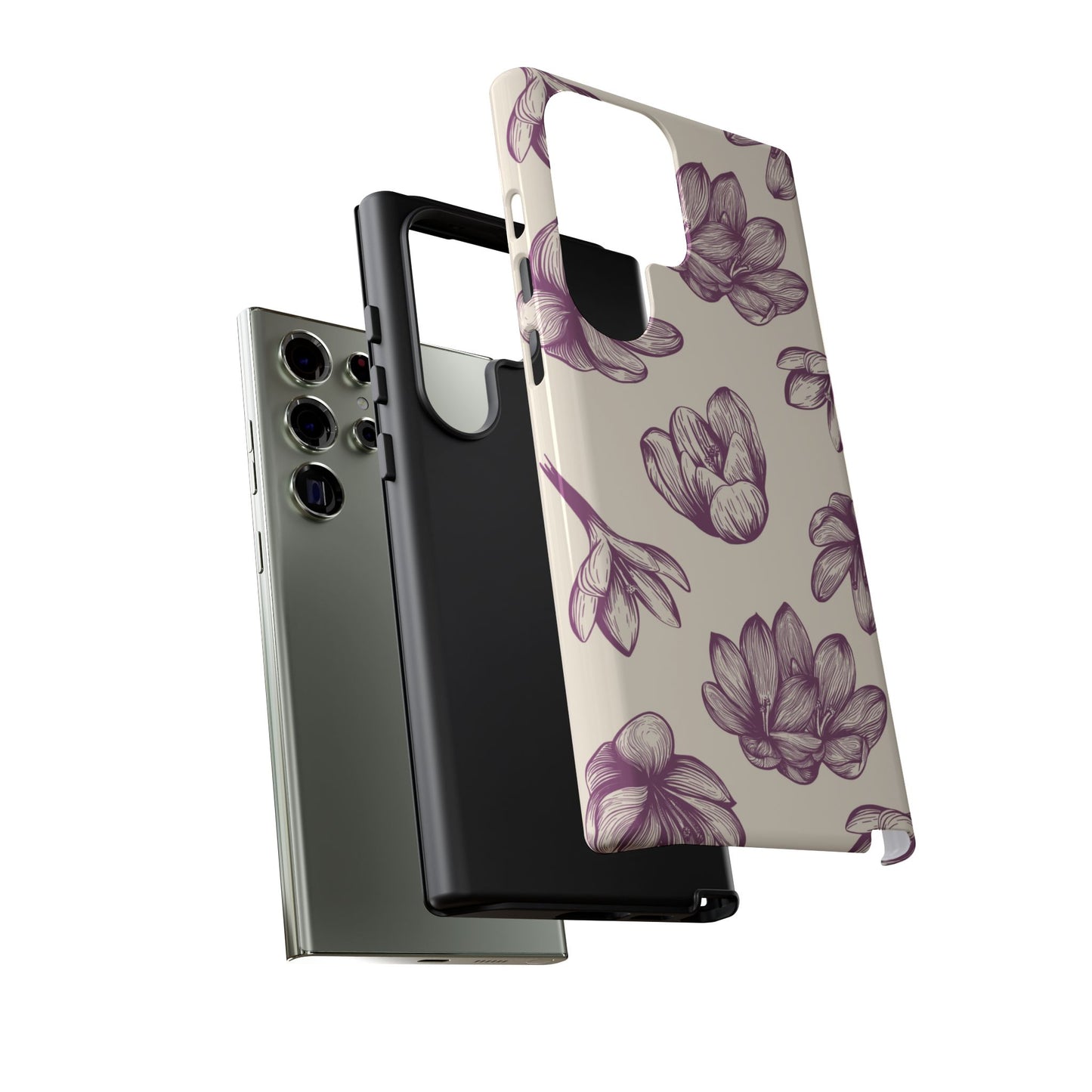 Vintage Botanical Floral Tough Samsung Galaxy  Case – Hand-Drawn Purple Flowers, Shockproof Design