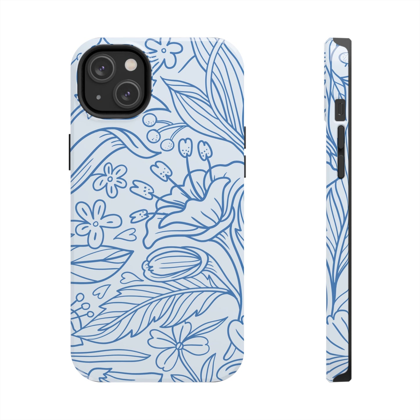 Dusty Blue Floral Line Art Tough iPhone Case – Minimalist Botanical Design with Dual-Layer Protection