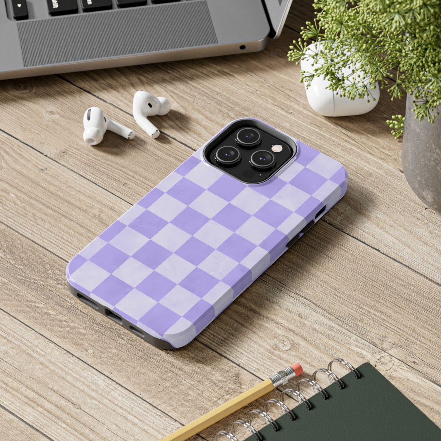 Lavender Checkerboard iPhone Case – Shockproof, Smooth Matte Finish, Dual-Layer Design