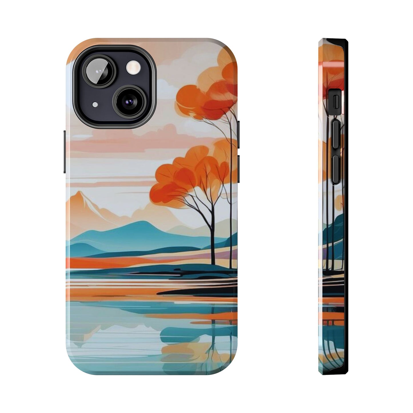 Serene Sunset Lake iPhone Case – Minimalist Landscape Art, Dual-Layer Protection