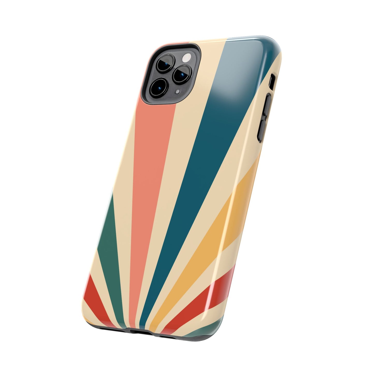 Retro Sunbeam iPhone Case – 70s-Inspired Radiating Stripes in Coral, Teal, and Mustard