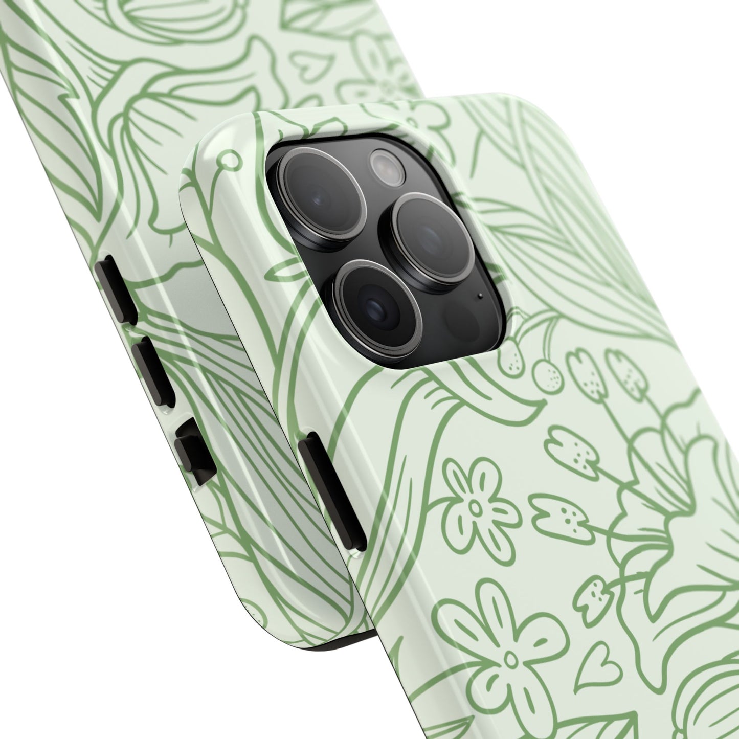 Sage Green Floral Line Art Tough iPhone Case – Minimalist Botanical Design with Dual-Layer Protection