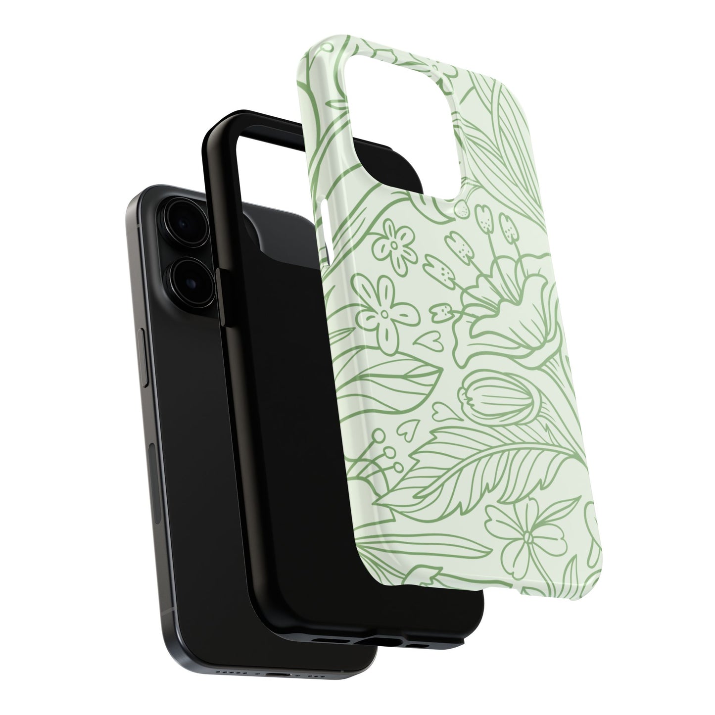 Sage Green Floral Line Art Tough iPhone Case – Minimalist Botanical Design with Dual-Layer Protection