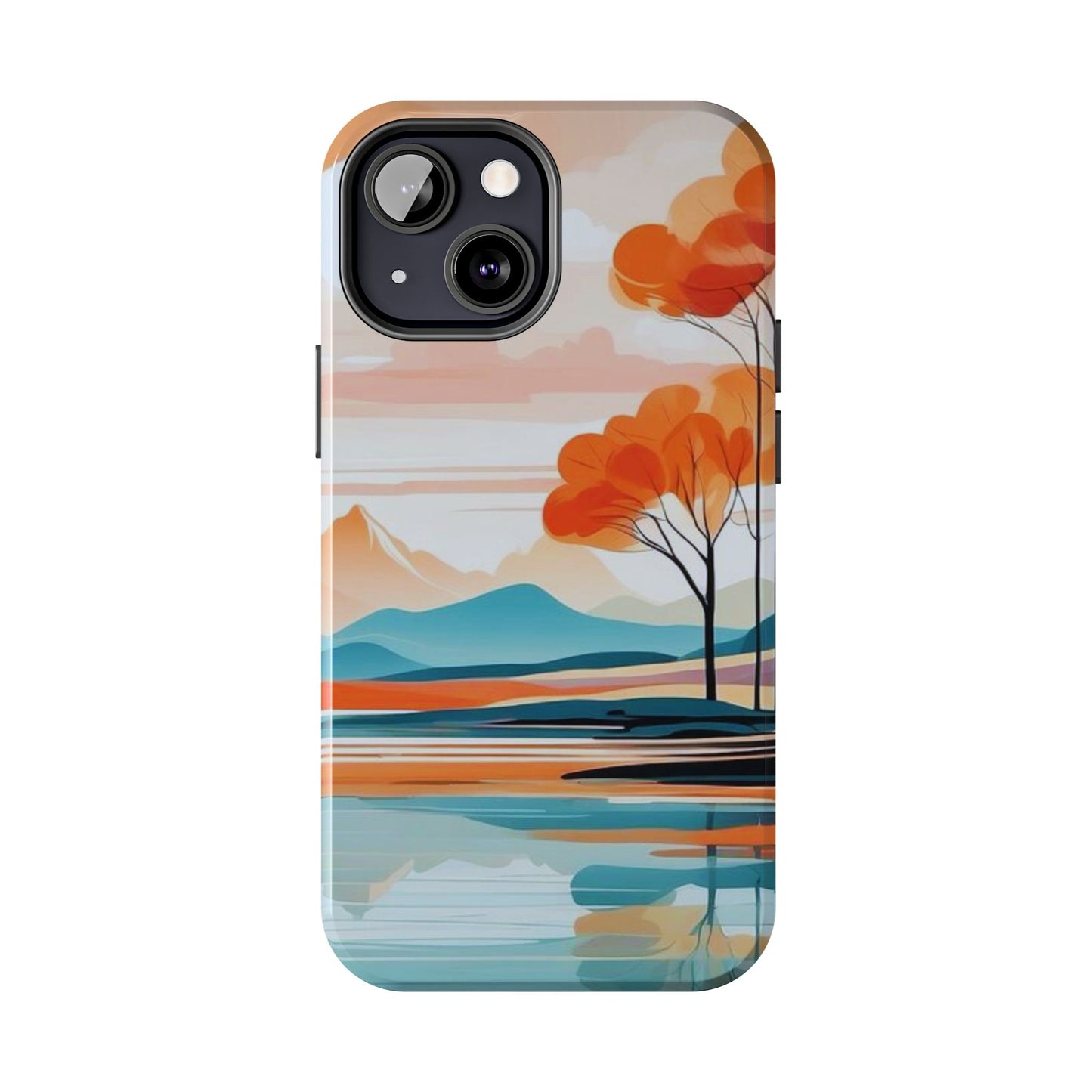 Serene Sunset Lake iPhone Case – Minimalist Landscape Art, Dual-Layer Protection