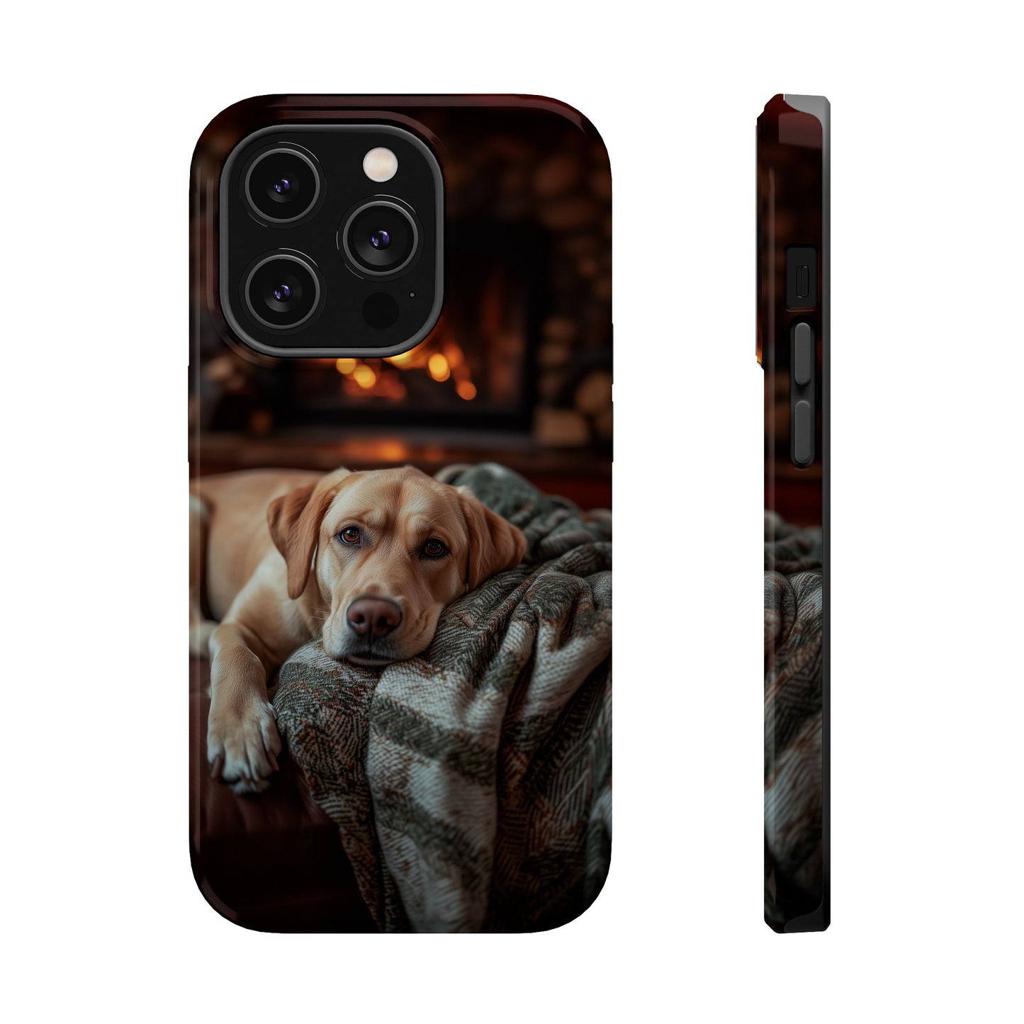 Cozy Labrador by Fireplace MagSafe iPhone Case – Rustic Cabin Protective Cover