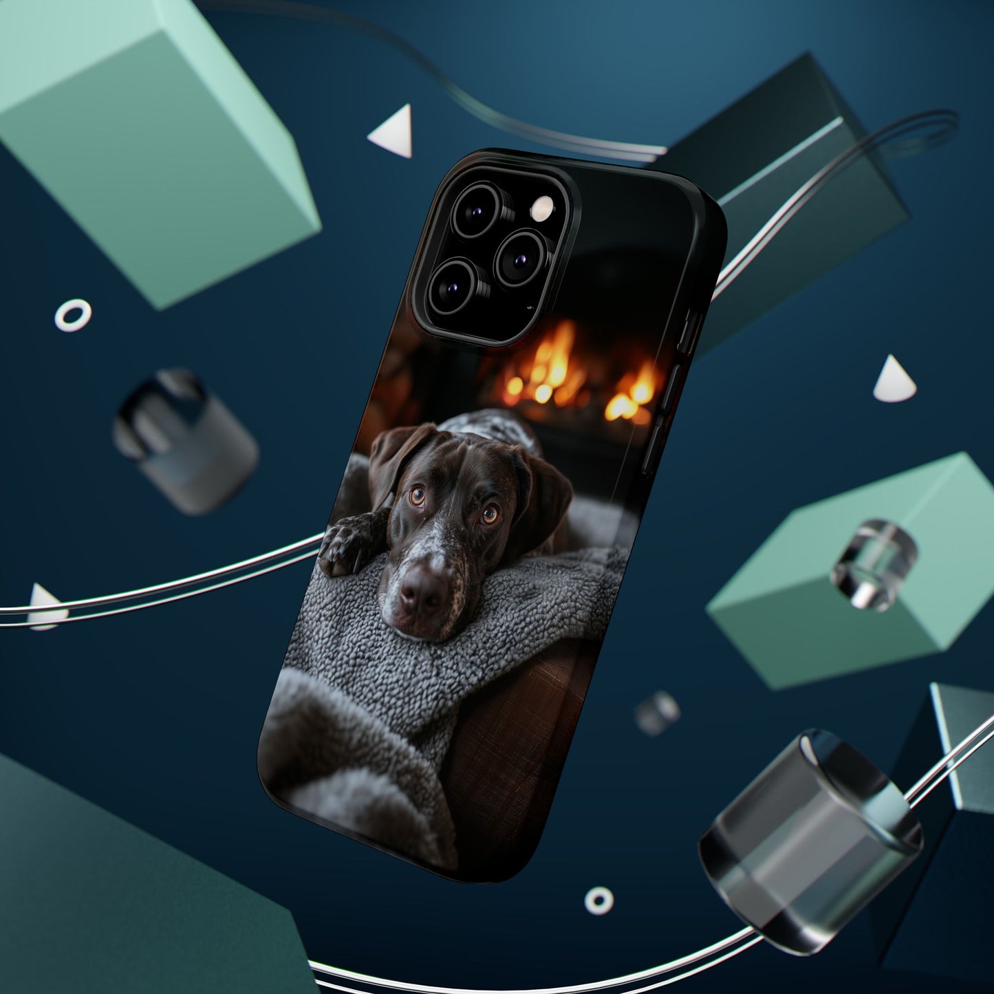 Cozy German Shorthaired Pointer MagSafe iPhone Case – Rustic Fireplace Protective Cover