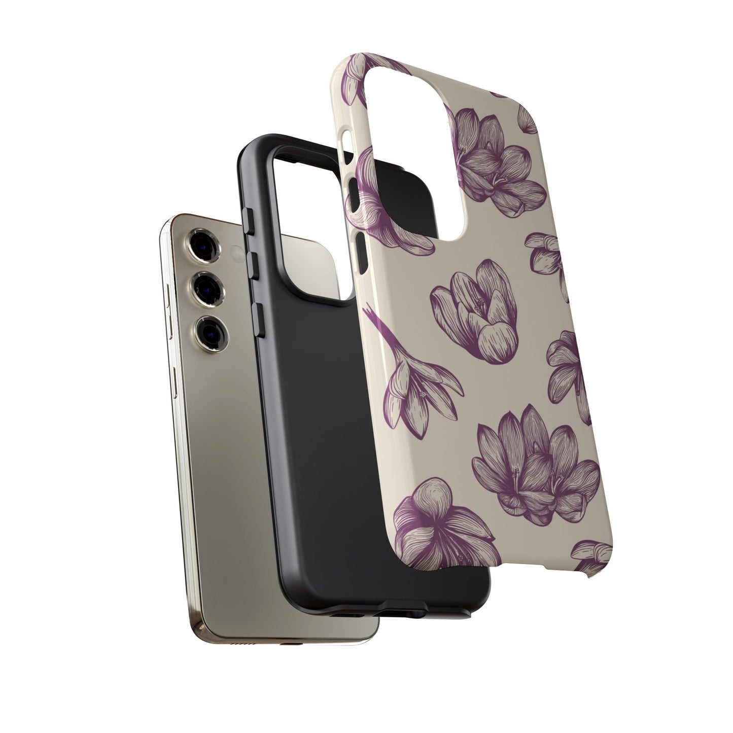Vintage Botanical Floral Tough Samsung Galaxy  Case – Hand-Drawn Purple Flowers, Shockproof Design