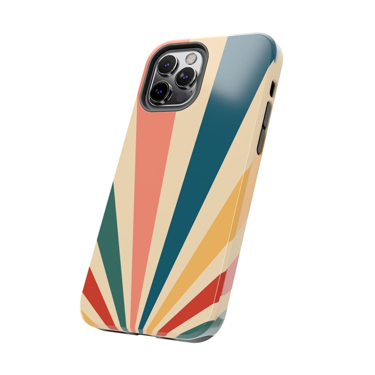 Retro Sunbeam iPhone Case – 70s-Inspired Radiating Stripes in Coral, Teal, and Mustard