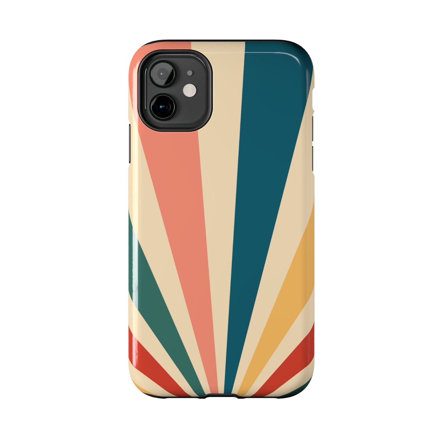 Retro Sunbeam iPhone Case – 70s-Inspired Radiating Stripes in Coral, Teal, and Mustard