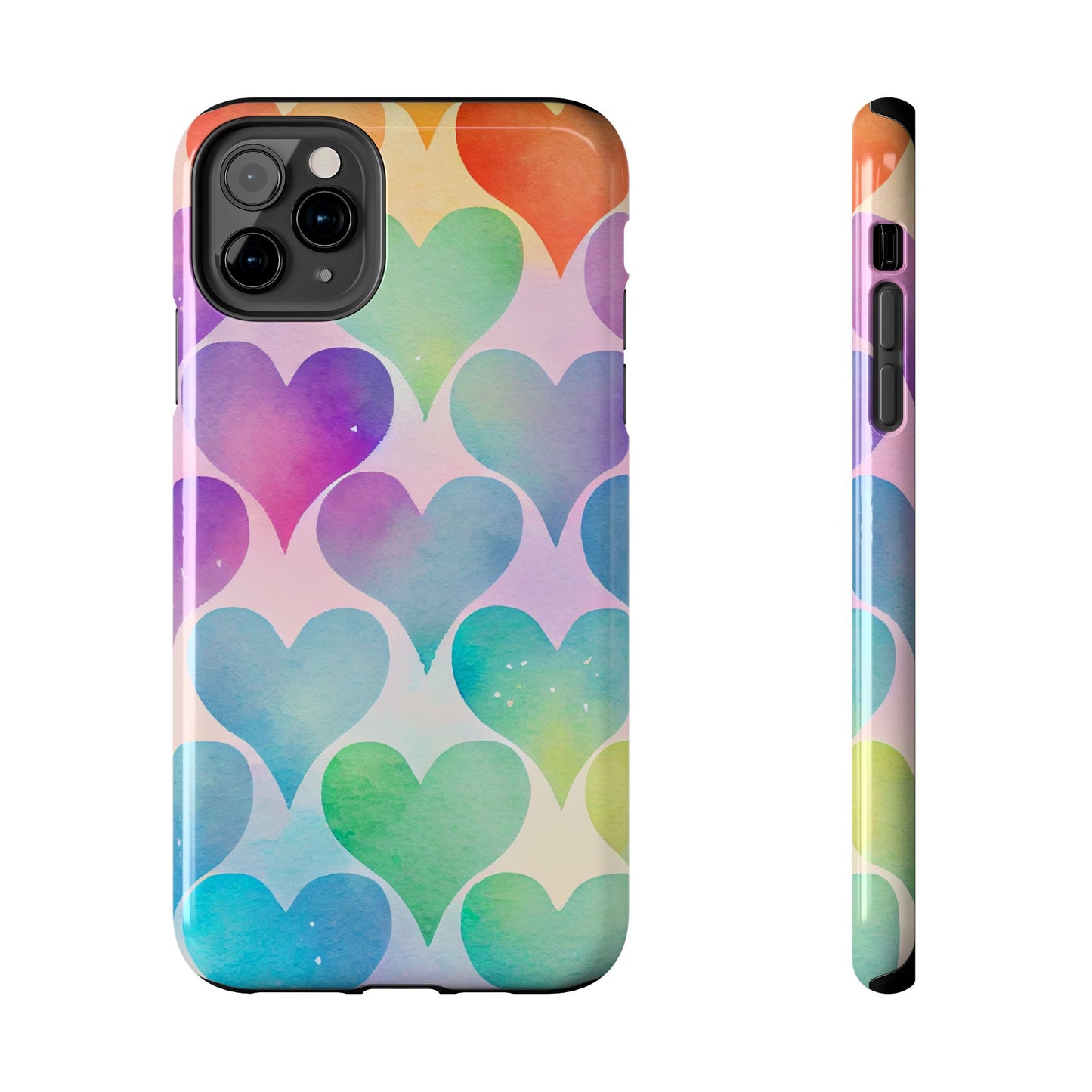 Rainbow Hearts Watercolor iPhone Case – Slim Design, Glossy Finish