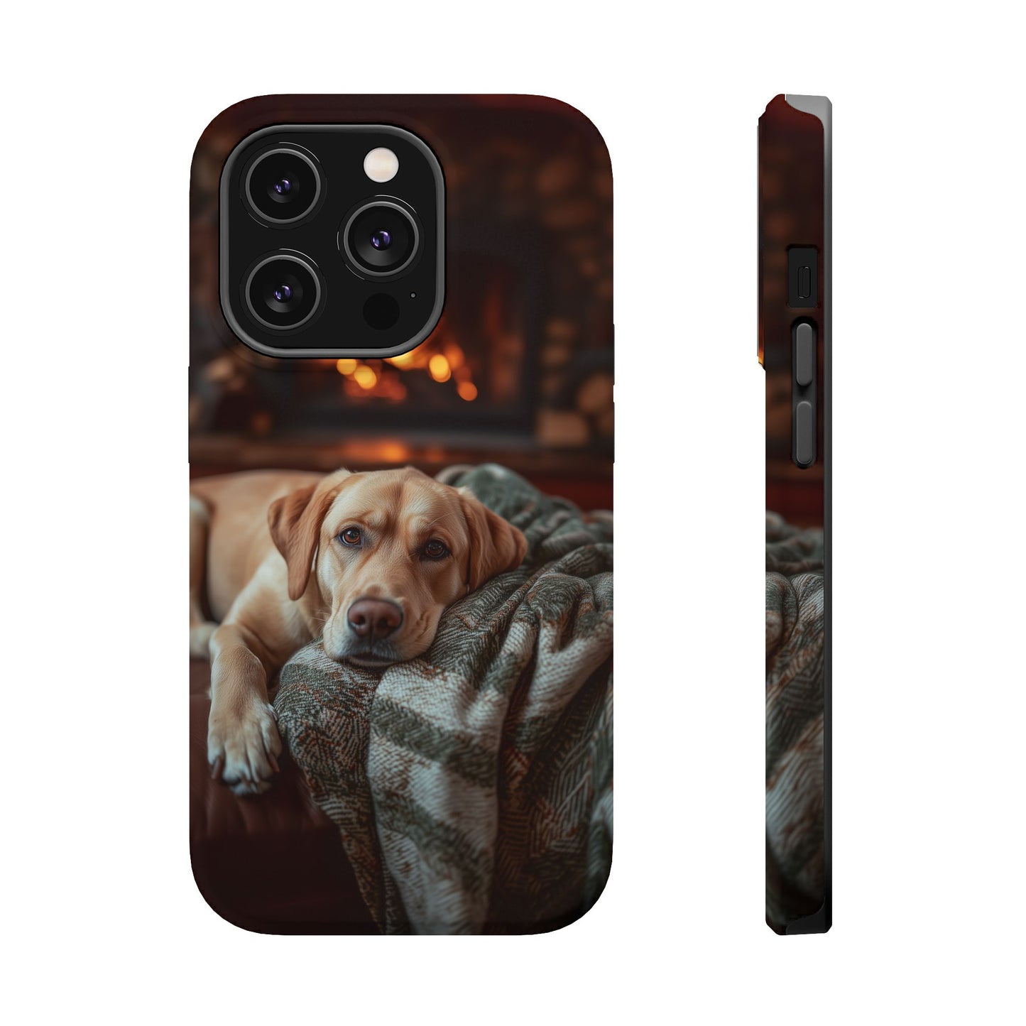 Cozy Labrador by Fireplace MagSafe iPhone Case – Rustic Cabin Protective Cover