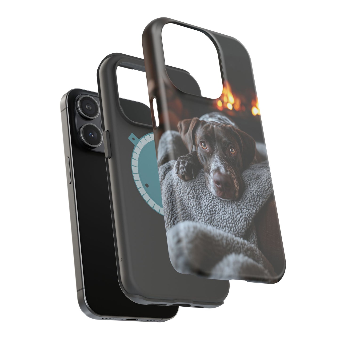 Cozy German Shorthaired Pointer MagSafe iPhone Case – Rustic Fireplace Protective Cover