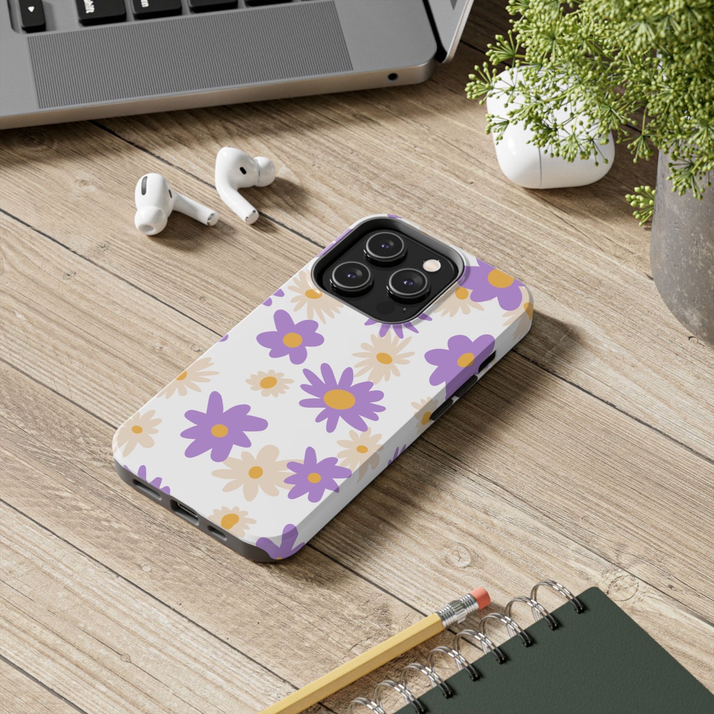 Retro Daisy Flower iPhone Case – Pastel Purple & Cream Floral Design with Matte Finish