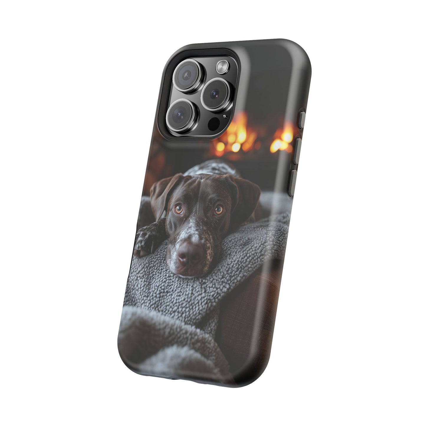 Cozy German Shorthaired Pointer MagSafe iPhone Case – Rustic Fireplace Protective Cover