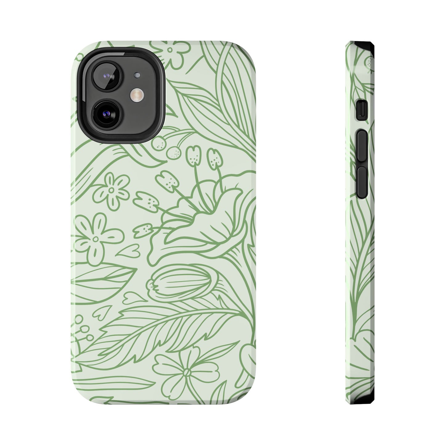 Sage Green Floral Line Art Tough iPhone Case – Minimalist Botanical Design with Dual-Layer Protection