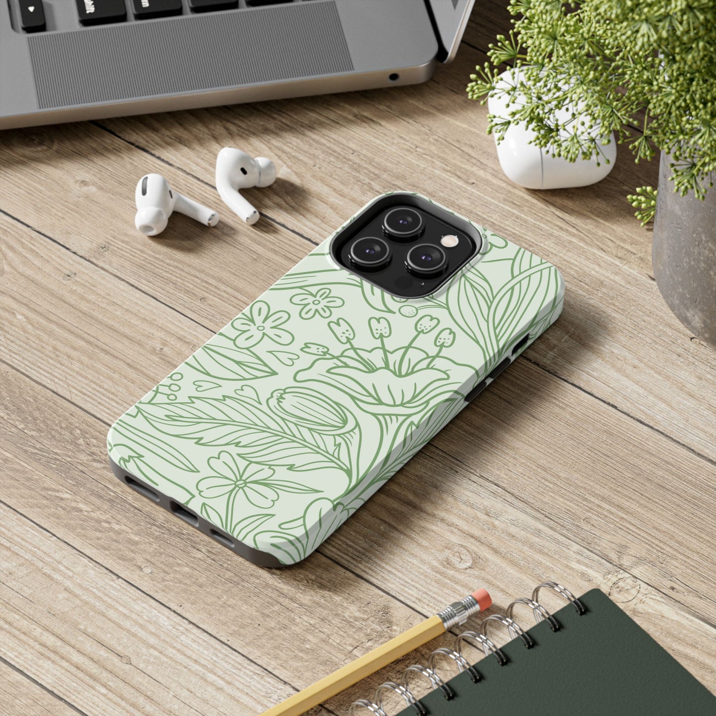 Sage Green Floral Line Art Tough iPhone Case – Minimalist Botanical Design with Dual-Layer Protection