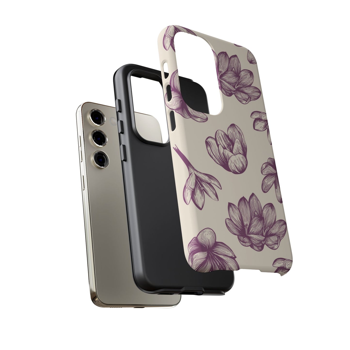 Vintage Botanical Floral Tough Samsung Galaxy  Case – Hand-Drawn Purple Flowers, Shockproof Design