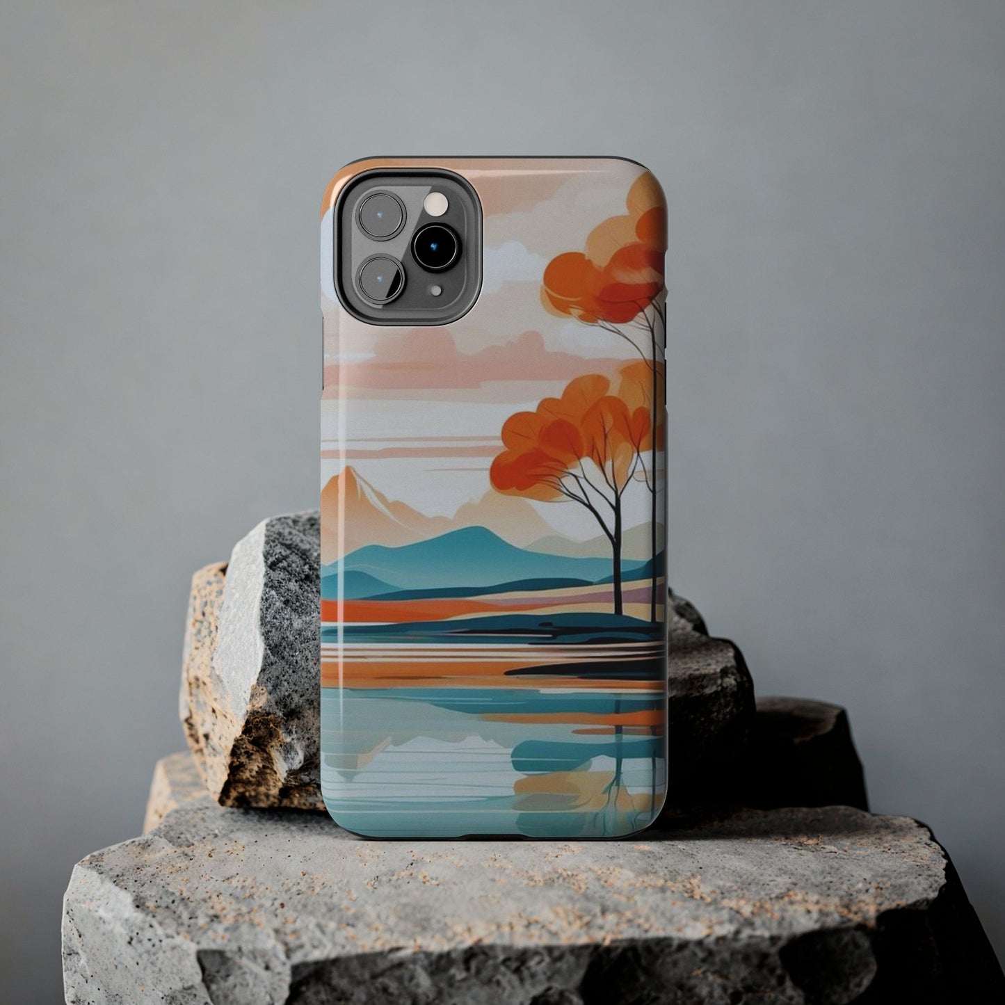 Serene Sunset Lake iPhone Case – Minimalist Landscape Art, Dual-Layer Protection
