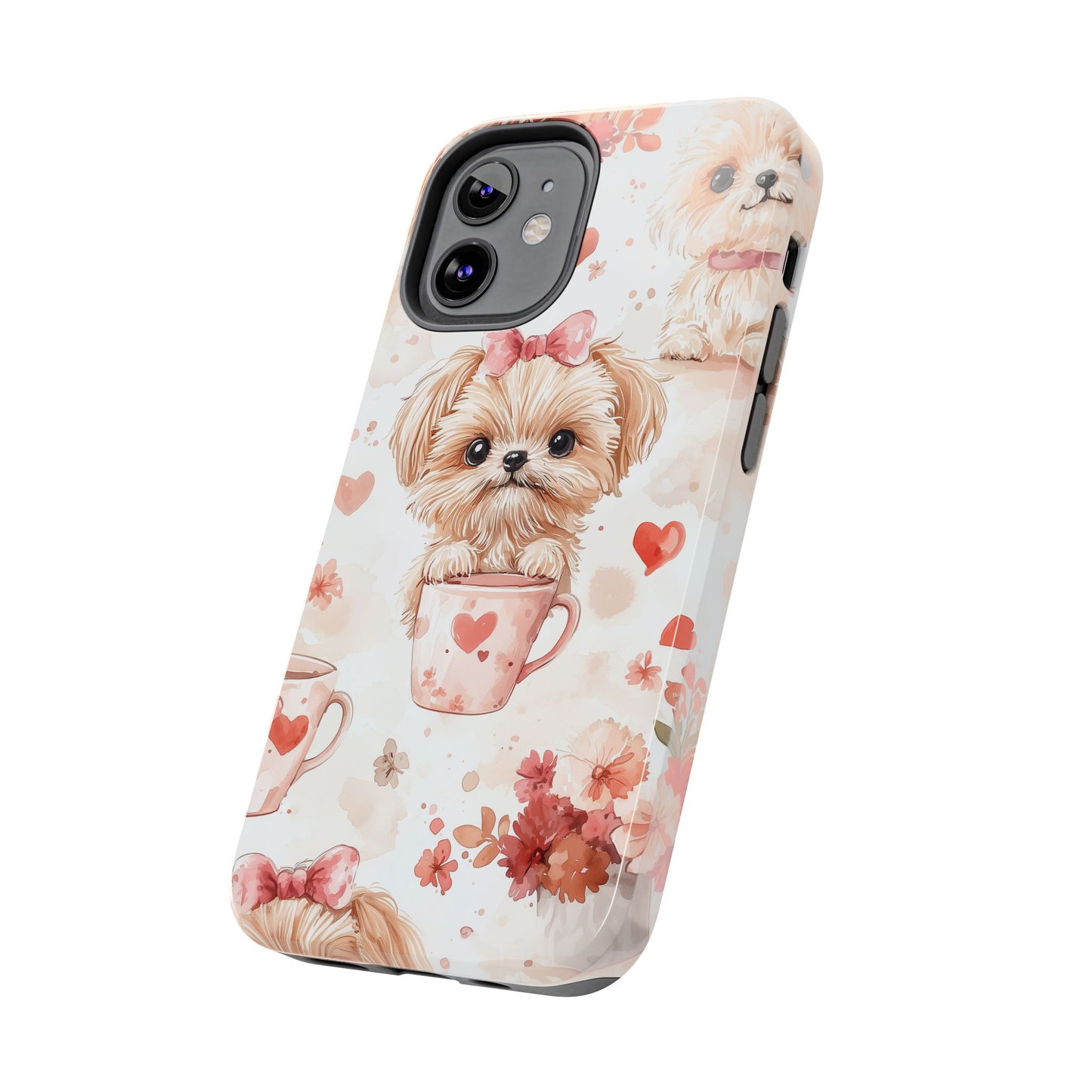 Puppies & Heart Mugs iPhone Case – Sweet Dog & Floral Design, Shockproof & Slim - BOGO Cases