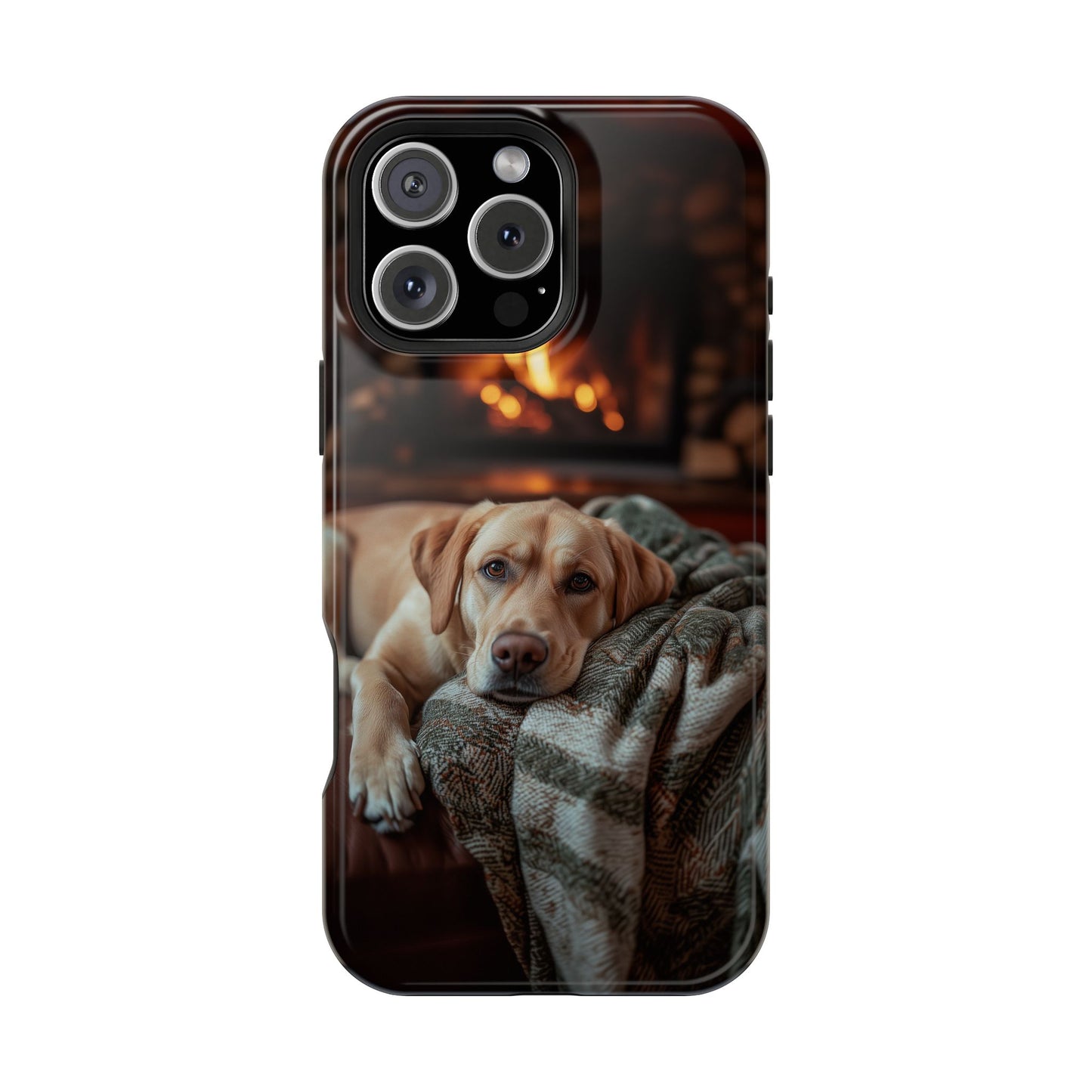 Cozy Labrador by Fireplace MagSafe iPhone Case – Rustic Cabin Protective Cover
