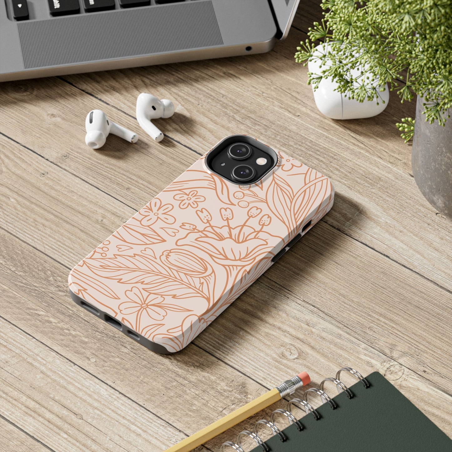 Soft Terracotta Floral Line Art Tough iPhone Case – Minimalist Botanical Design with Dual-Layer Protection