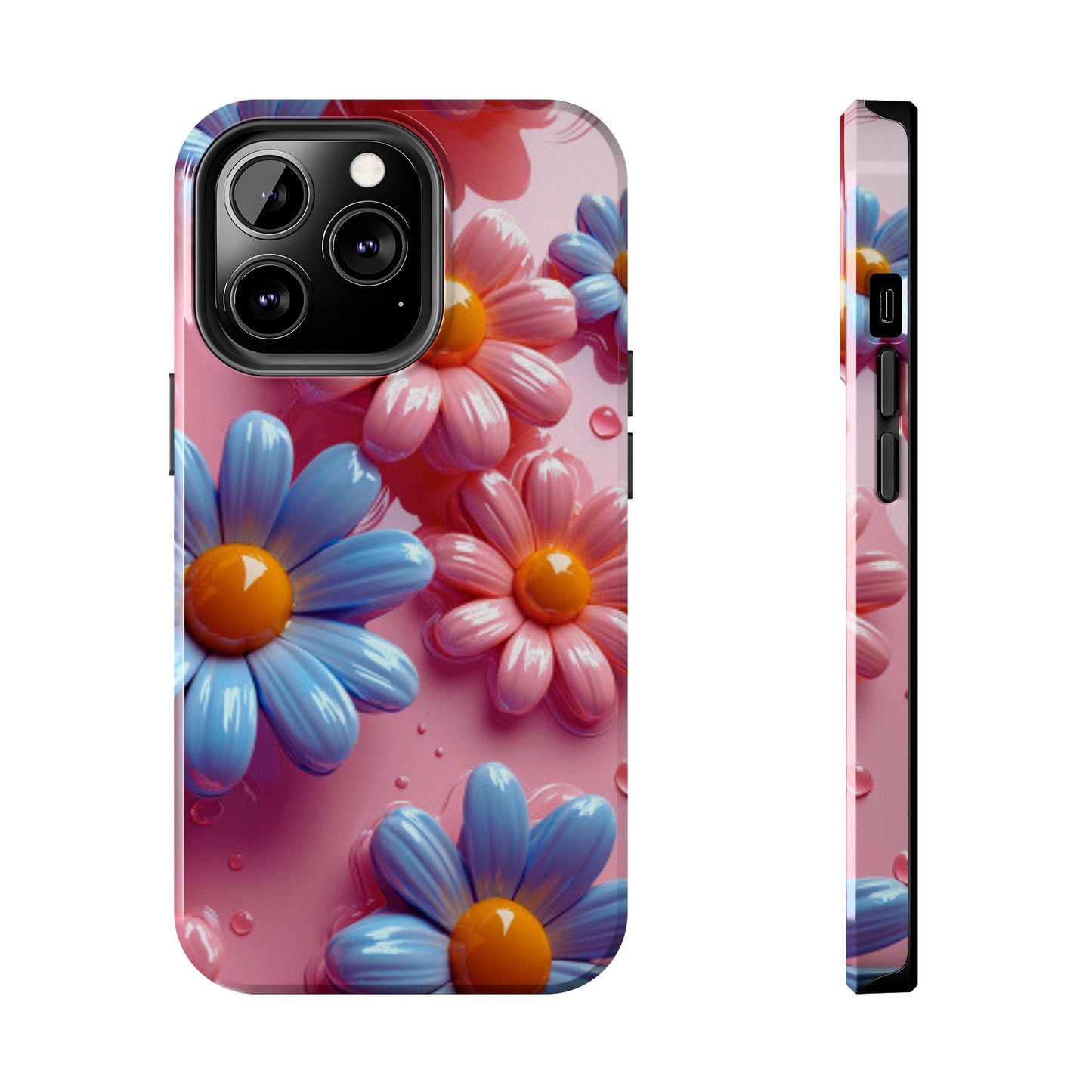 Pastel Daisy 3D iPhone Case – Glossy Pink and Blue Floral Design, Full Protection - BOGO Cases