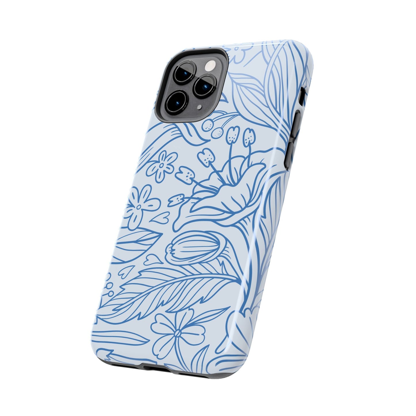 Dusty Blue Floral Line Art Tough iPhone Case – Minimalist Botanical Design with Dual-Layer Protection