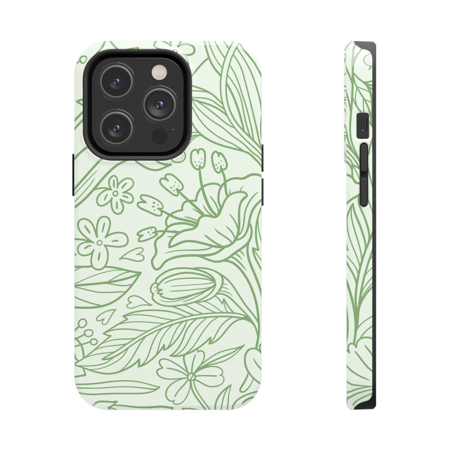Sage Green Floral Line Art Tough iPhone Case – Minimalist Botanical Design with Dual-Layer Protection