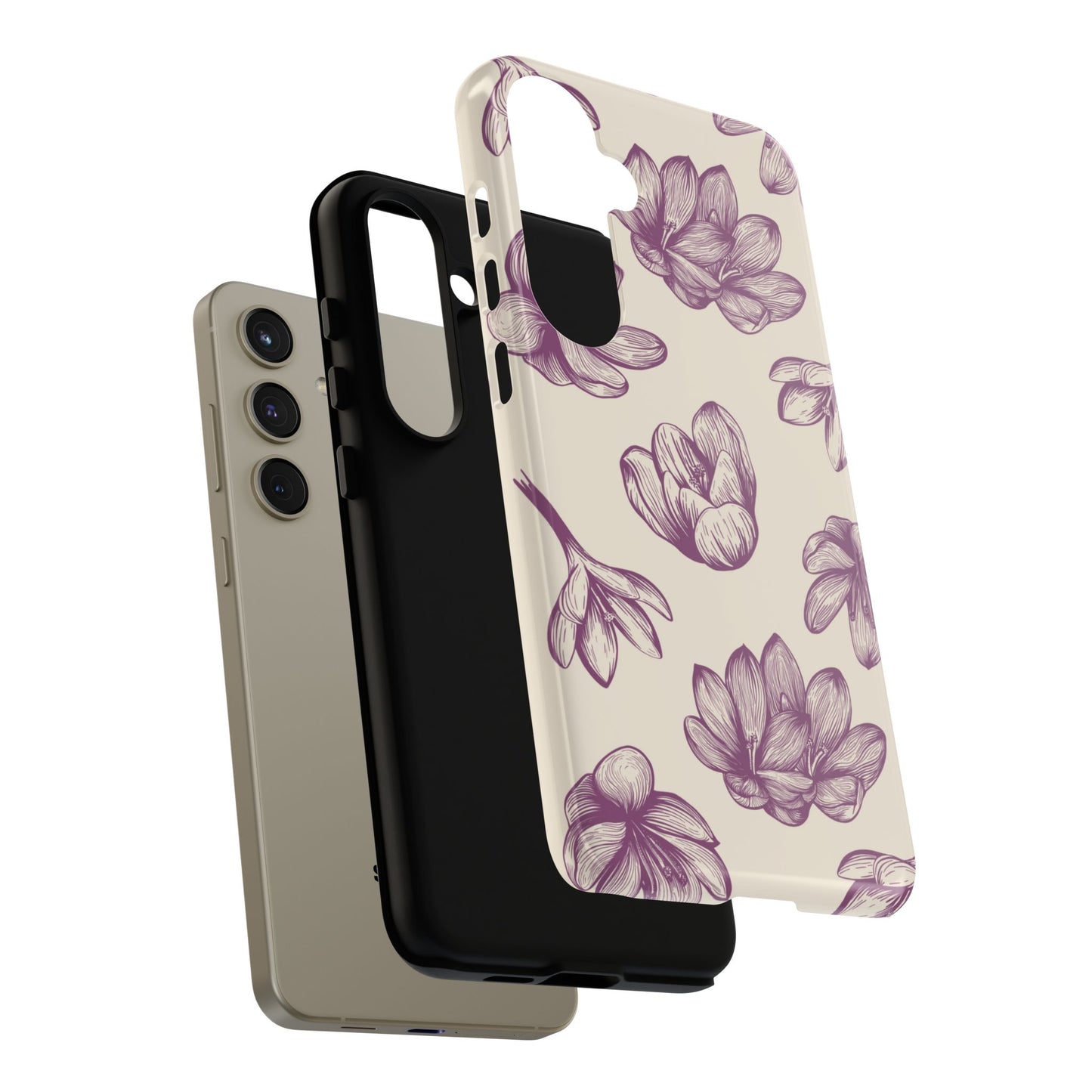 Vintage Botanical Floral Tough Samsung Galaxy  Case – Hand-Drawn Purple Flowers, Shockproof Design