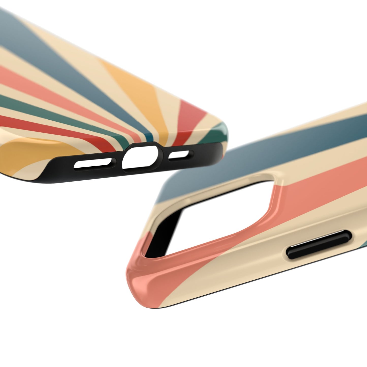 Retro Sunbeam iPhone Case – 70s-Inspired Radiating Stripes in Coral, Teal, and Mustard