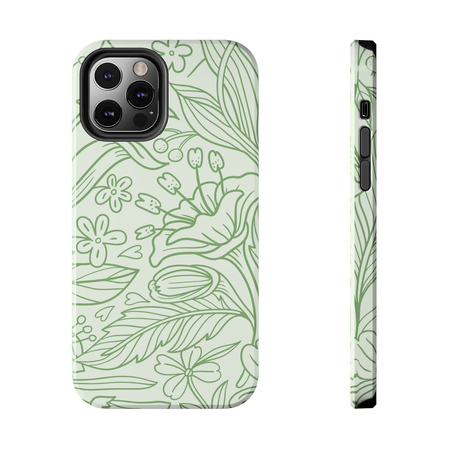 Sage Green Floral Line Art Tough iPhone Case – Minimalist Botanical Design with Dual-Layer Protection