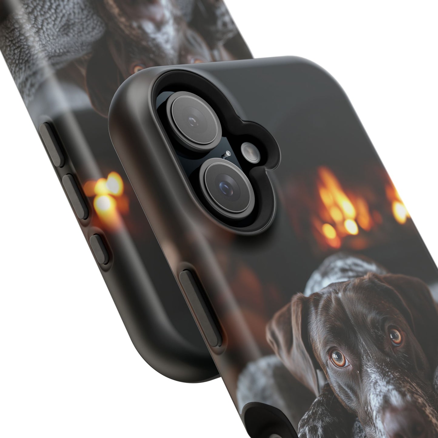 Cozy German Shorthaired Pointer MagSafe iPhone Case – Rustic Fireplace Protective Cover