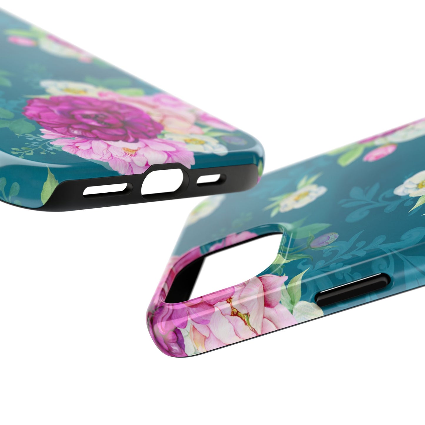 Elegant Peony Bouquet iPhone Case – Deep Teal Background with Romantic Floral Design