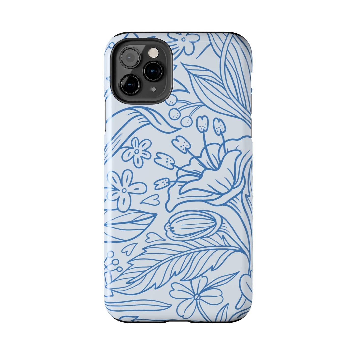 Dusty Blue Floral Line Art Tough iPhone Case – Minimalist Botanical Design with Dual-Layer Protection
