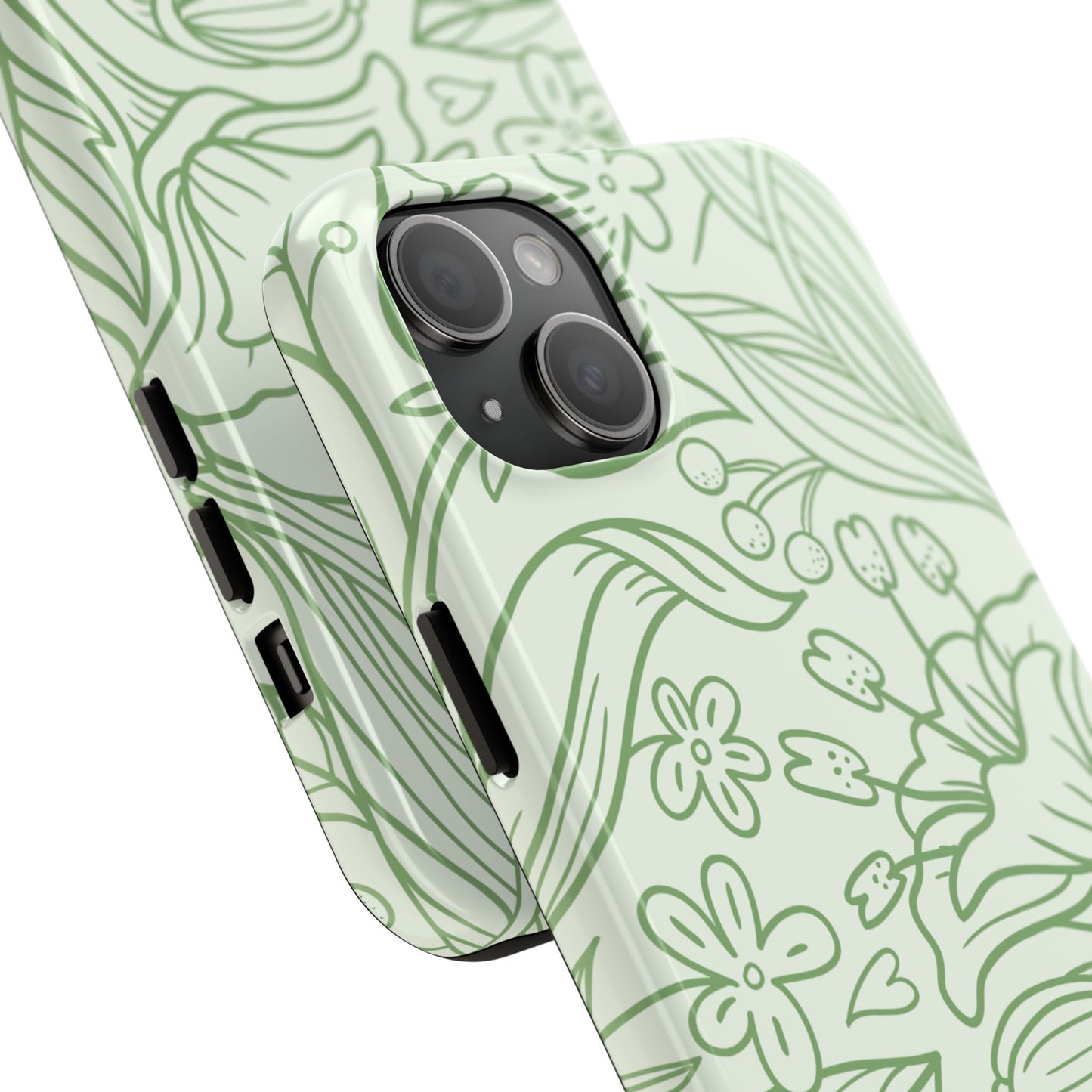 Sage Green Floral Line Art Tough iPhone Case – Minimalist Botanical Design with Dual-Layer Protection