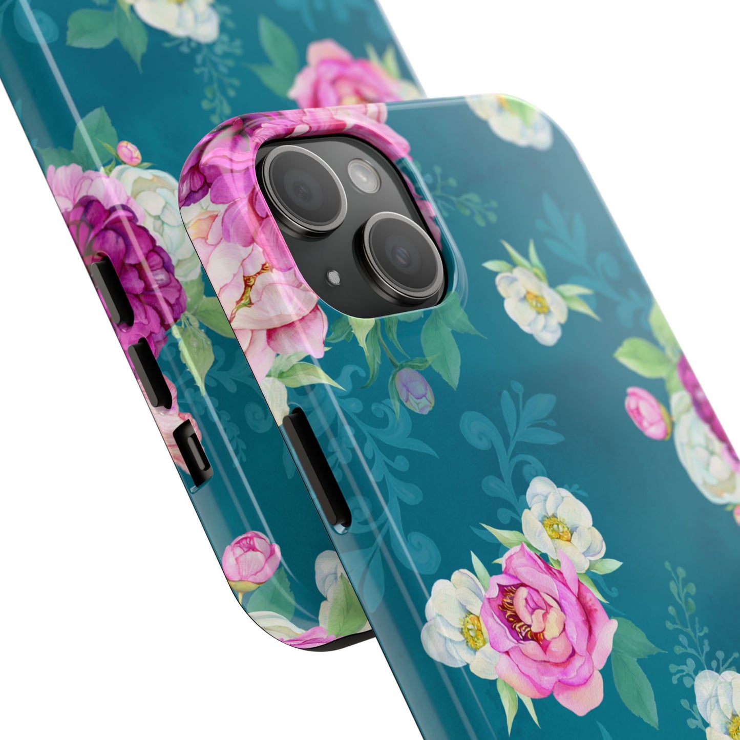 Elegant Peony Bouquet iPhone Case – Deep Teal Background with Romantic Floral Design