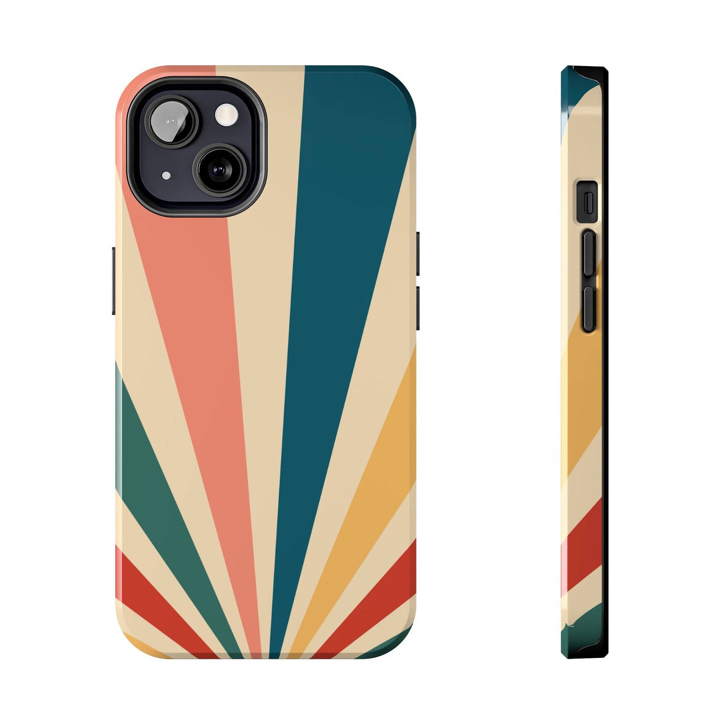 Retro Sunbeam iPhone Case – 70s-Inspired Radiating Stripes in Coral, Teal, and Mustard