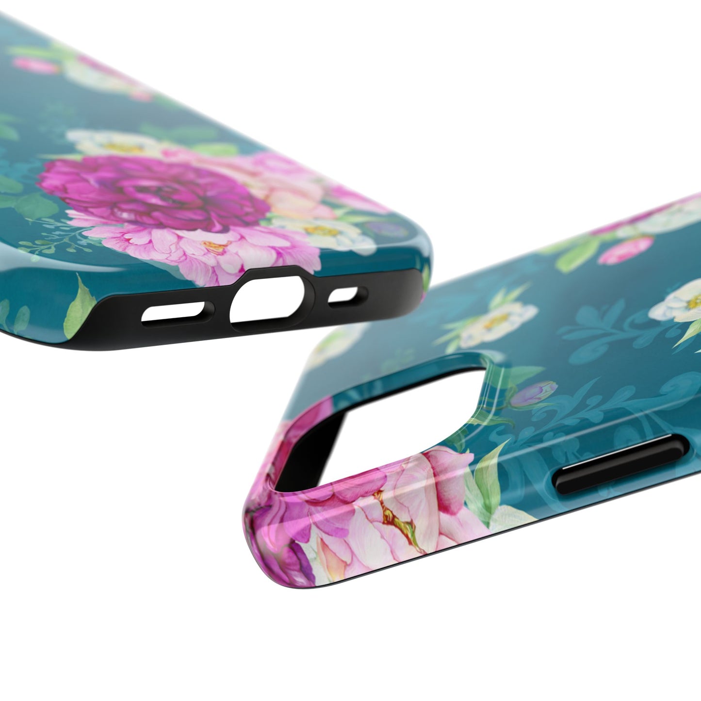 Elegant Peony Bouquet iPhone Case – Deep Teal Background with Romantic Floral Design