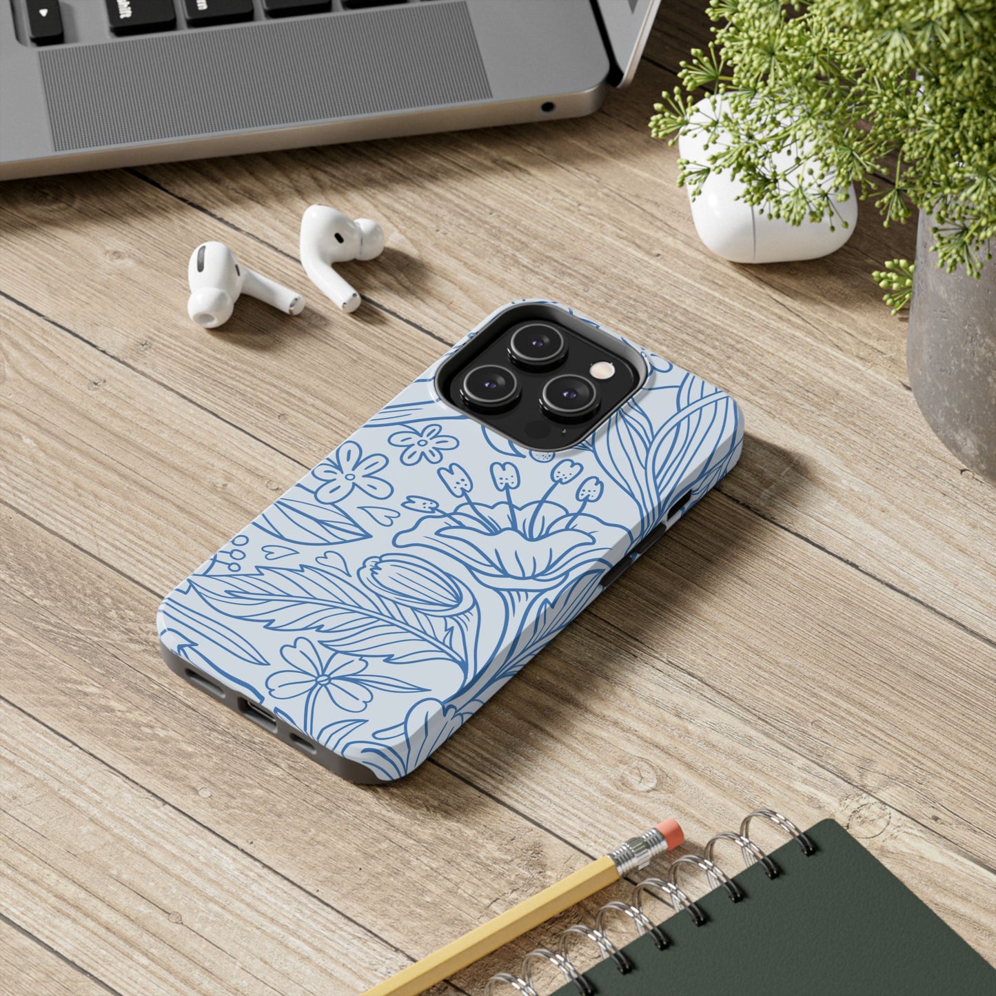 Dusty Blue Floral Line Art Tough iPhone Case – Minimalist Botanical Design with Dual-Layer Protection