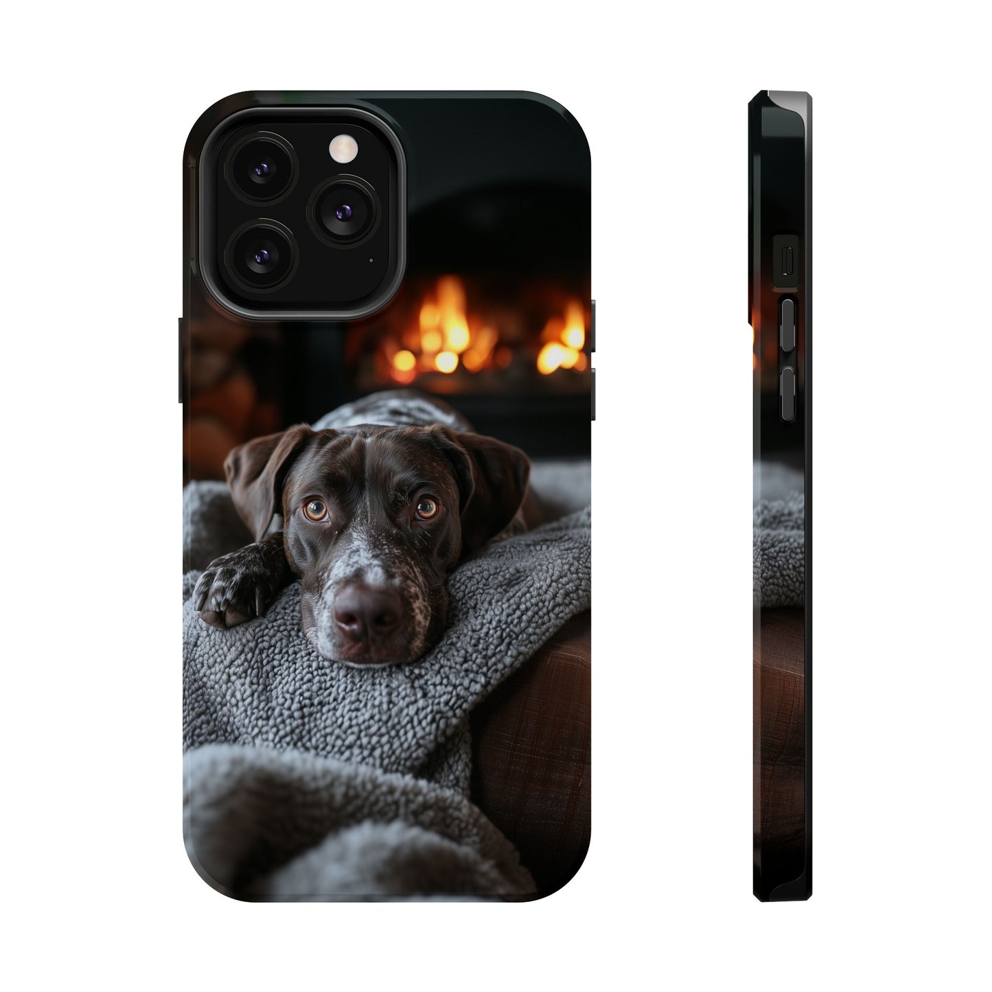 Cozy German Shorthaired Pointer MagSafe iPhone Case – Rustic Fireplace Protective Cover