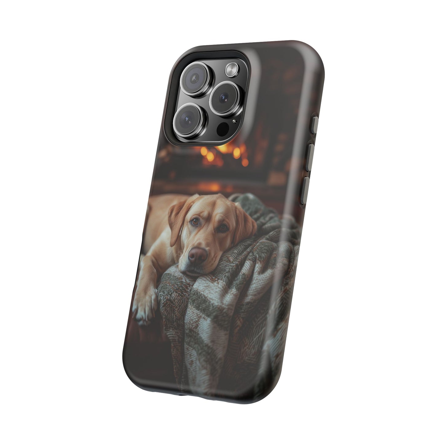 Cozy Labrador by Fireplace MagSafe iPhone Case – Rustic Cabin Protective Cover