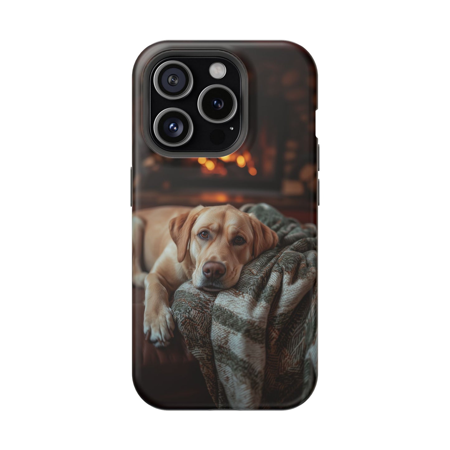 Cozy Labrador by Fireplace MagSafe iPhone Case – Rustic Cabin Protective Cover