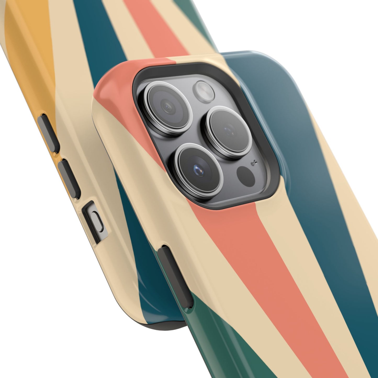 Retro Sunbeam MagSafe iPhone Case – 70s-Inspired Radiating Stripes in Coral, Teal, and Mustard