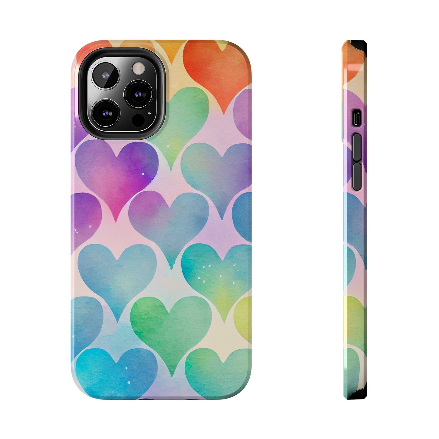 Rainbow Hearts Watercolor iPhone Case – Slim Design, Glossy Finish