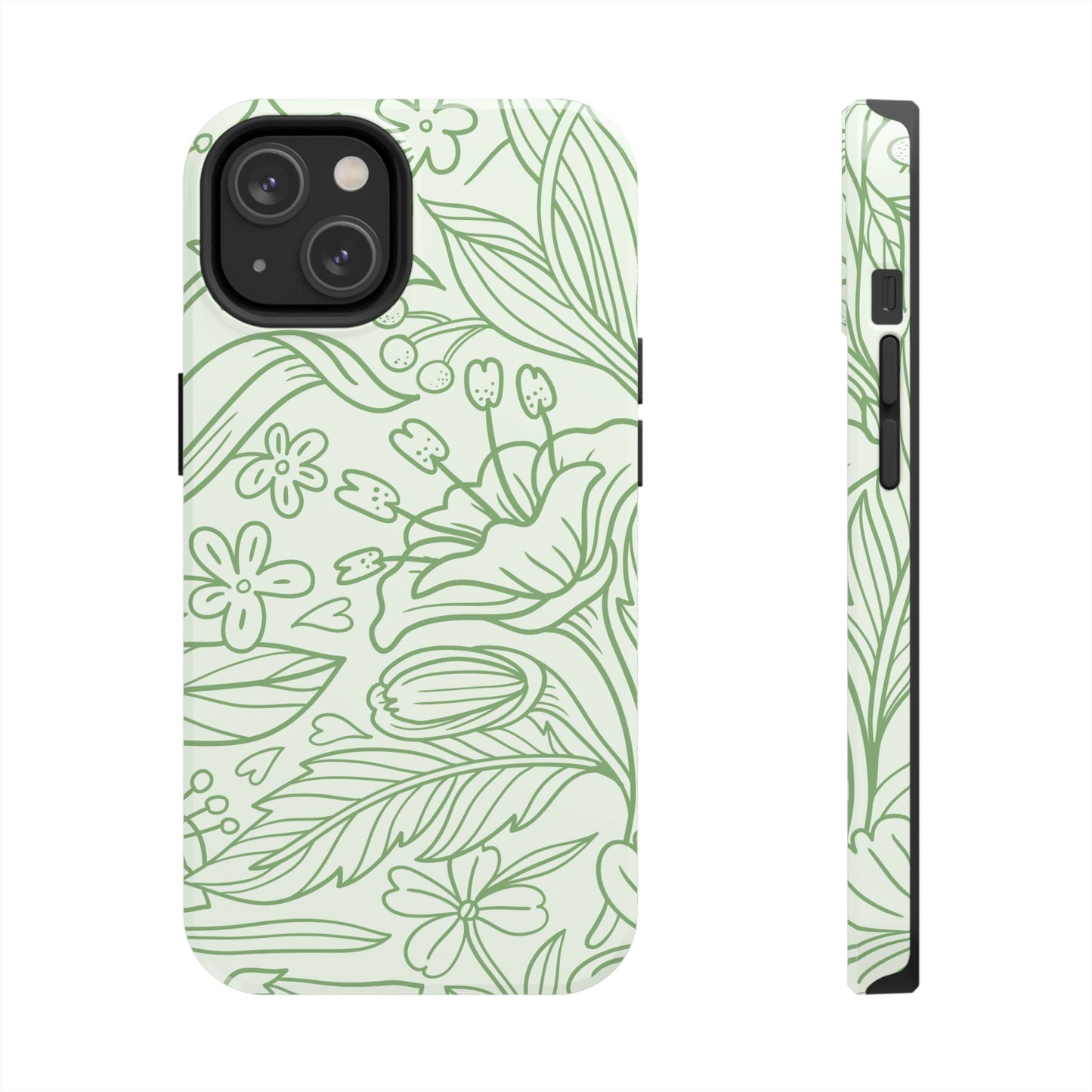 Sage Green Floral Line Art Tough iPhone Case – Minimalist Botanical Design with Dual-Layer Protection